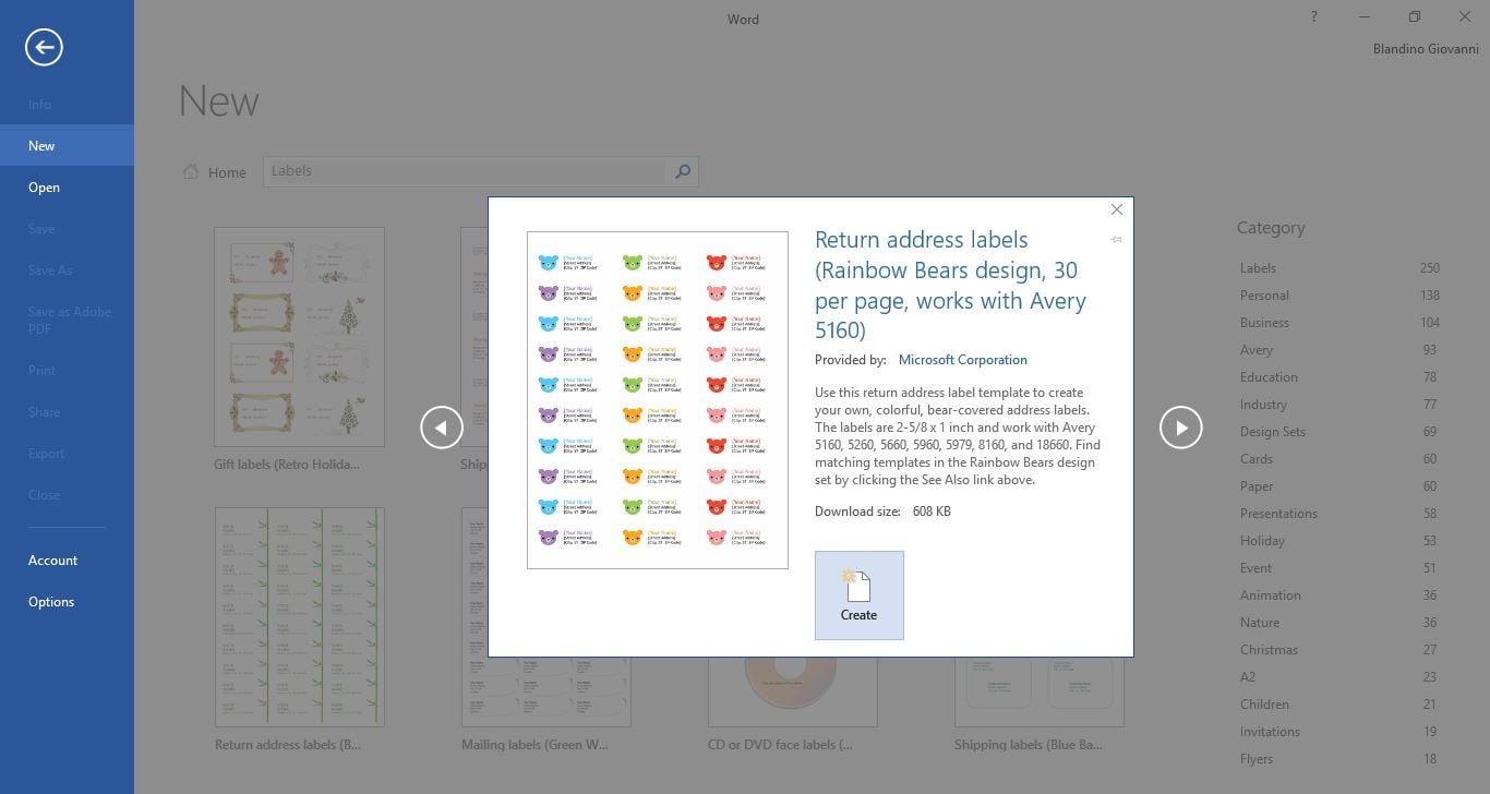 ”Printing labels from Word: the template selection screen.”