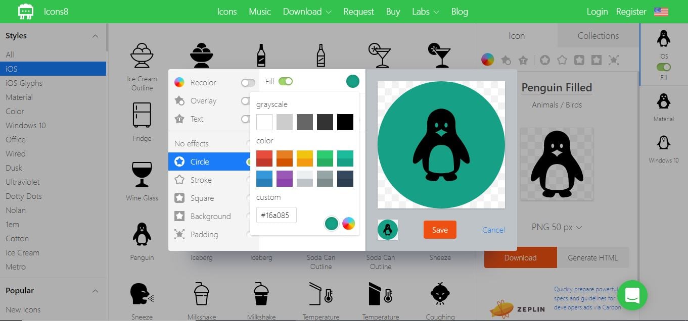 Screenshot from icons8, a website for vector icons