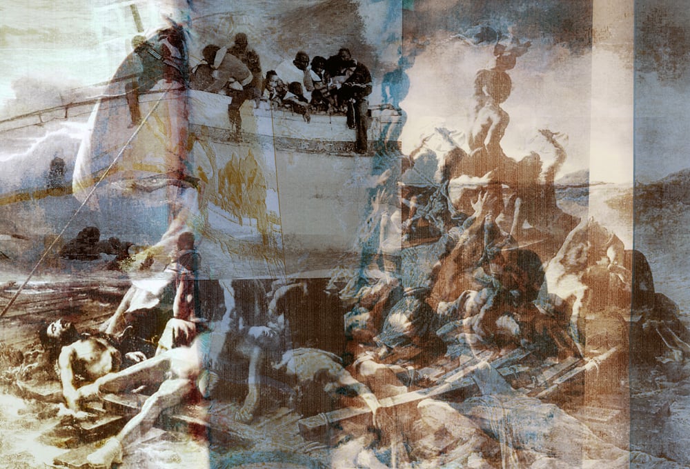 'La zattera della Medusa', 1819 / 'I profughi di Lampedusa', 2011 by Gianluigi Colin Zattera della Medusa', Gianluigi Colin