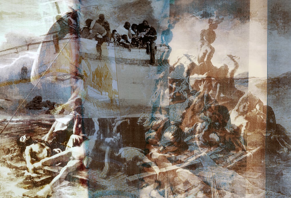 Le Radeau de la Méduse, 1819 / Les réfugiés de Lampedusa, 2011, par Gianluigi Colin