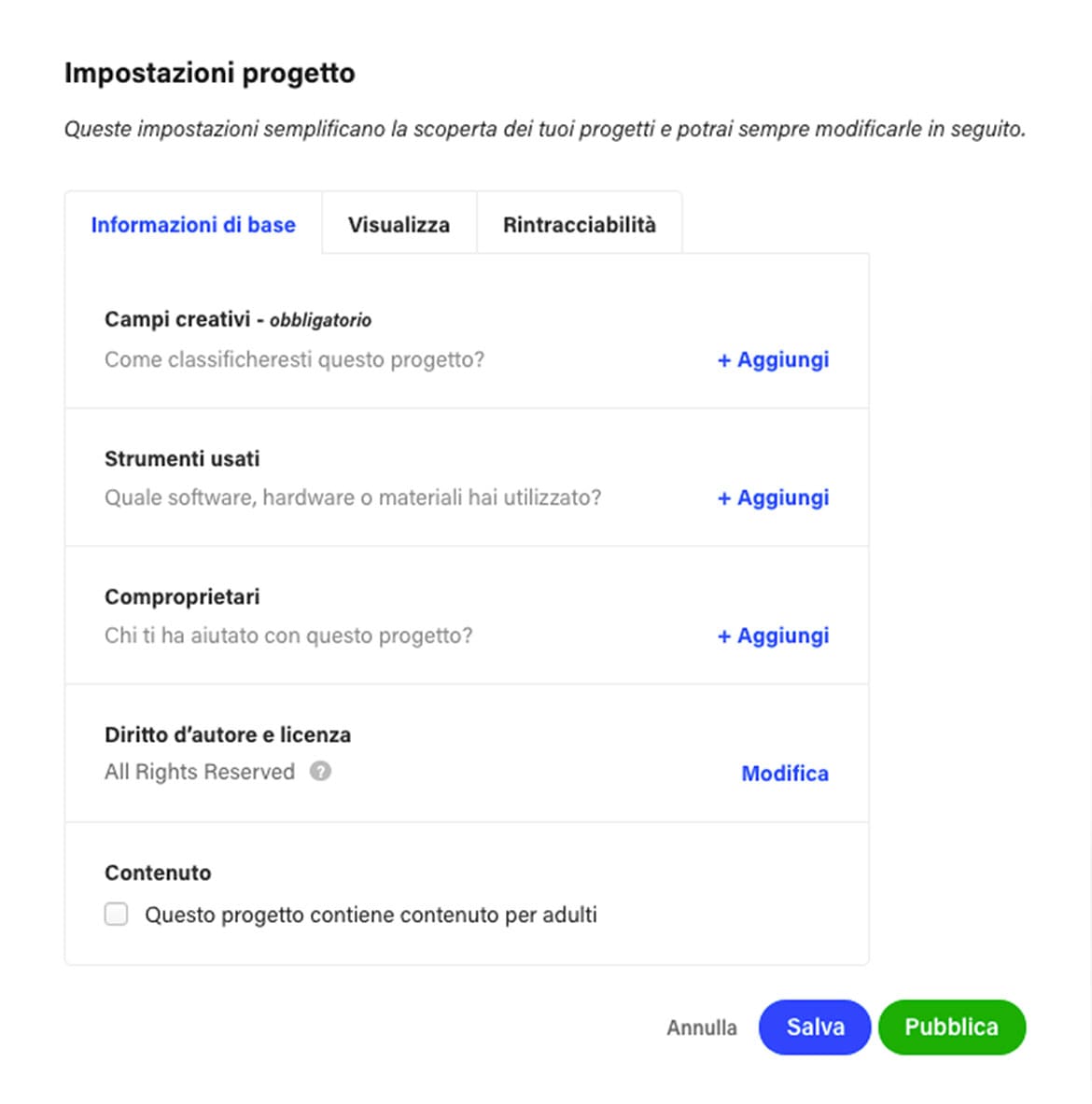 Behance: settare le impostazioni del progetto Behance: set project settings.