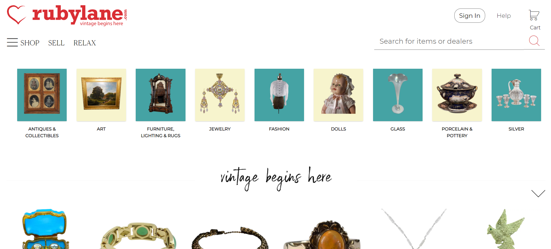 La schermata di Ruby Lane, uno dei siti per vendere online vintage e antiquariato Ruby Lane, en av sajterna för att sälja vintage online