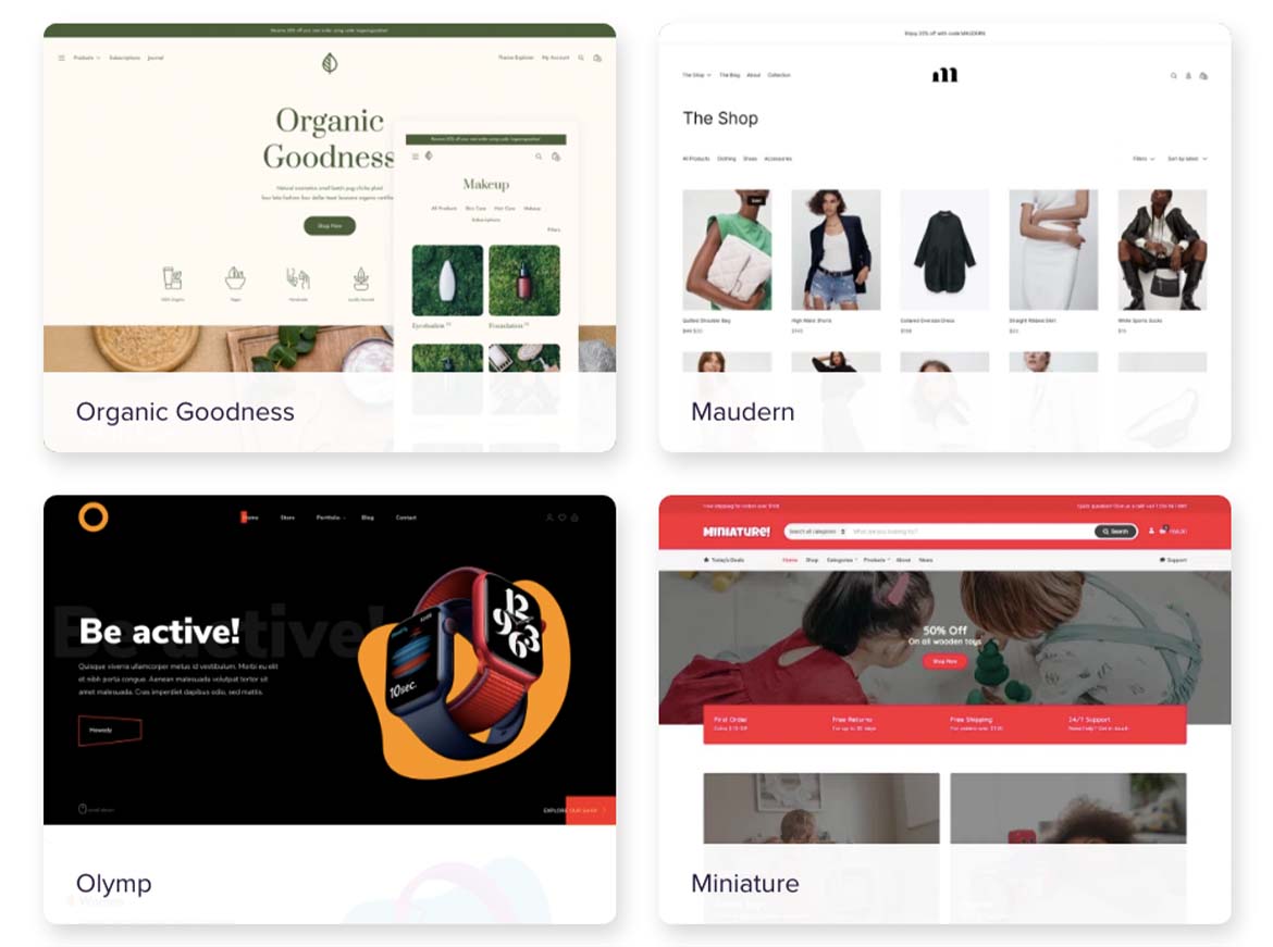 Ejemplos de diferentes tipos de comercio electrónico. Fuente: https://woocommerce.com/product-category/themes