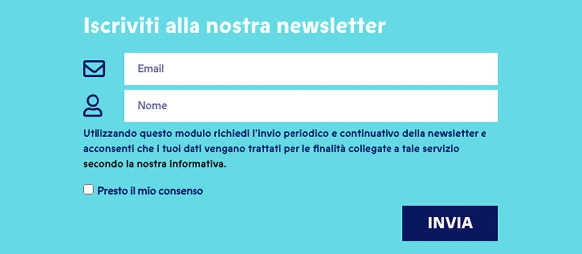 A form to be filled in online to subscribe to the newsletter: email and name are requested to encourage lead generation A form to be filled in online to subscribe to the newsletter: email and name are requested to encourage lead generation