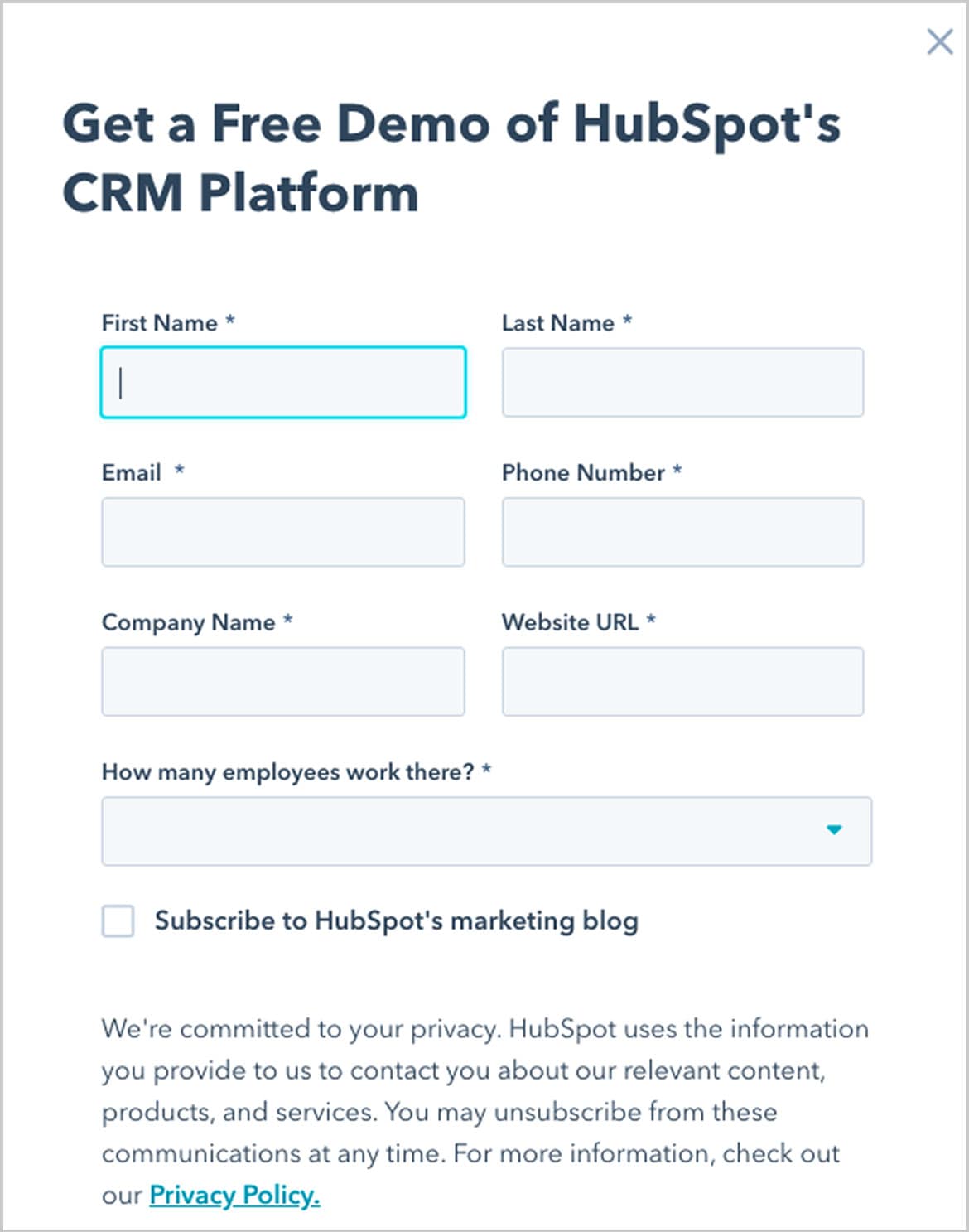 Hubspot form screenshot: just fill it in to be able to use the demo