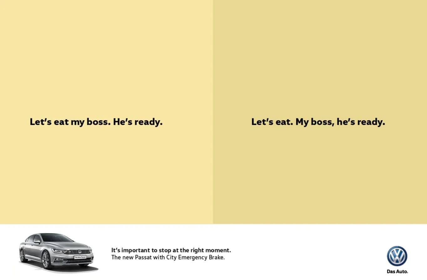 Use of punctuation in a Volkswagen print advertisement