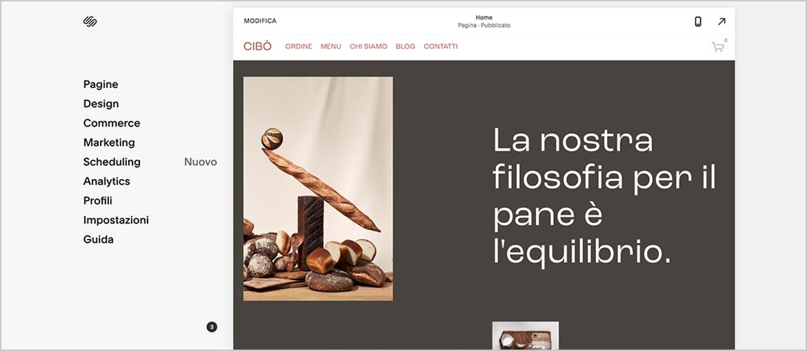 Esempio di Home page di sito costruito con Squarespace Esempio di Home page di sito costruito con Squarespace