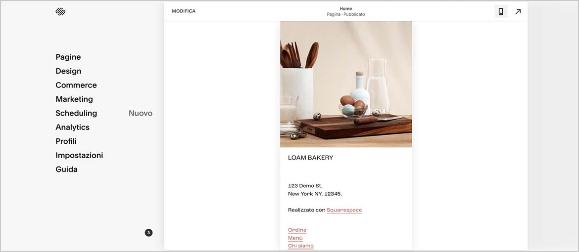 L'home page di un sito realizzato con Squarespace, vista da mobile, L'home page di un sito realizzato con Squarespace, vista da mobile,