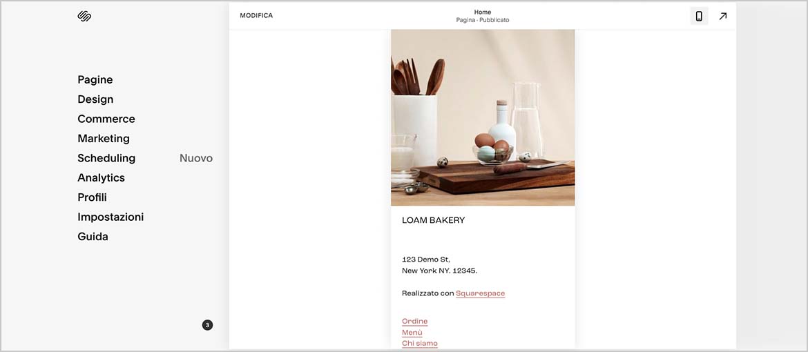 L'home page di un sito realizzato con Squarespace, vista da mobile, 