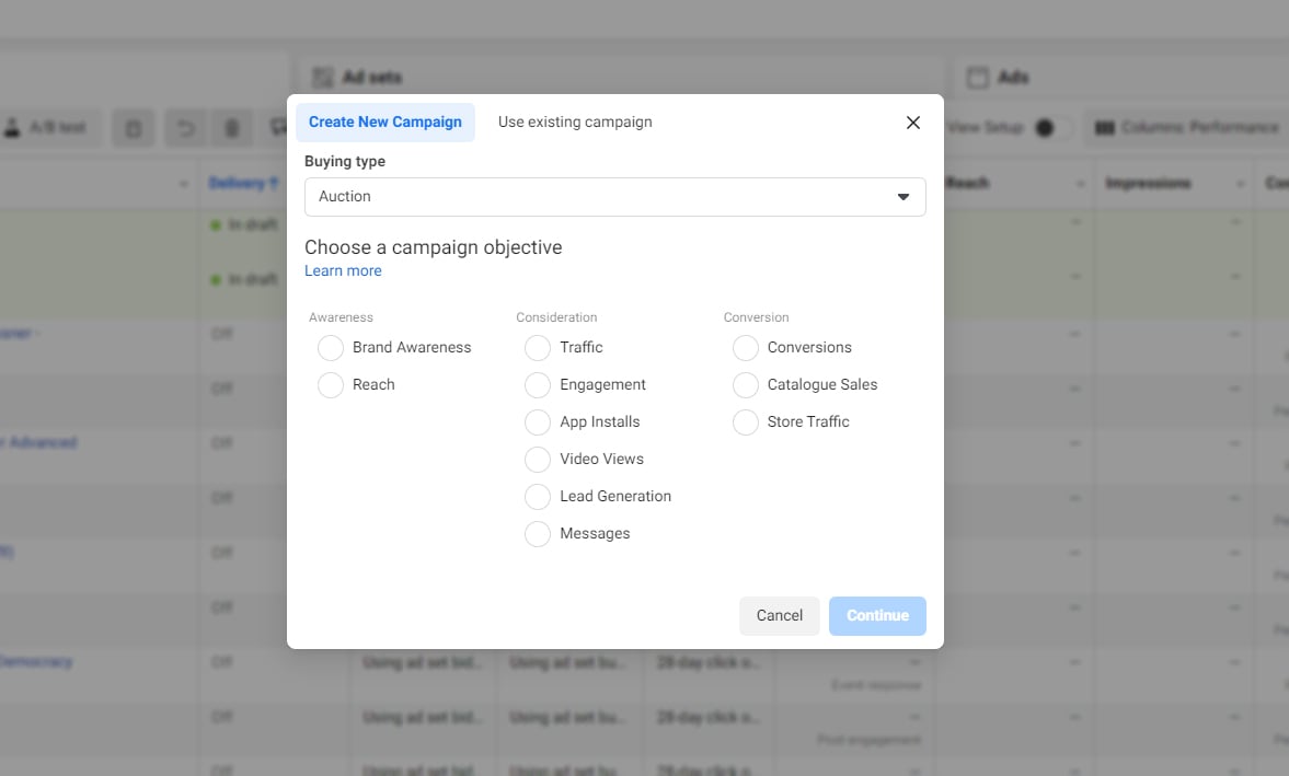 The screen for creating ads with Facebook Business Manager Ads on Facebook Business Manager