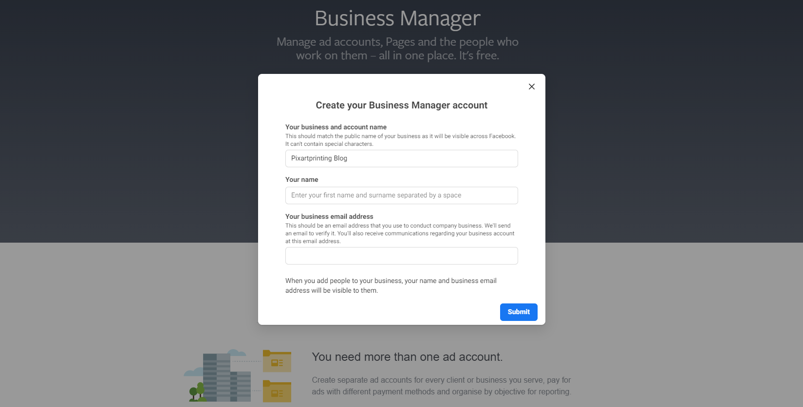 The screen for creating a Facebook Business Manager account How to create a Facebook Business Manager account