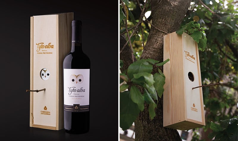 La caja de vino Tyto Alba se transforma en una casita para pájaros. Derecho de autor: Companhia das Lezirias