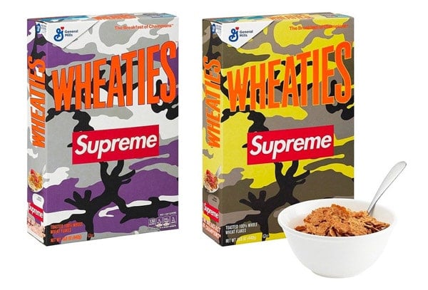 Le confezioni di cereali Wheaties firmate da Supreme. Copyright: Supreme Le confezioni di cereali Wheaties firmate da Supreme. Copyright: Supreme