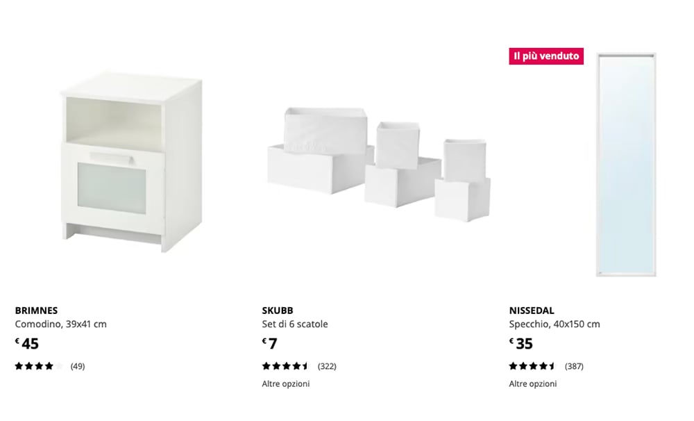 Ikea, por ejemplo, propone una sección «combina bien con» en la parte de abajo de la página del producto. Estos son los productos recomendados para combinarlos con una cómoda. Ikea, por ejemplo, propone una sección «combina bien con» en la parte de abajo de la página del producto. Estos son los productos recomendados para combinarlos con una cómoda.