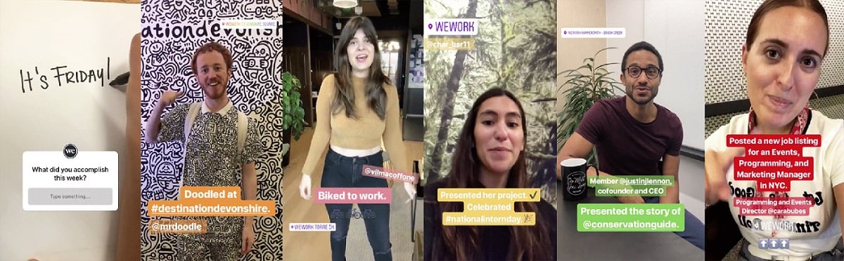 WeWork sube historias todas las semanas en las que le pregunta a sus seguidores qué han conseguido esa semana. Posteriormente, recopilan las respuestas de todo el mundo y las muestran en sus historias, creando así una historia enlazada. WeWork sube historias todas las semanas en las que le pregunta a sus seguidores qué han conseguido esa semana. Posteriormente, recopilan las respuestas de todo el mundo y las muestran en sus historias, creando así una historia enlazada.