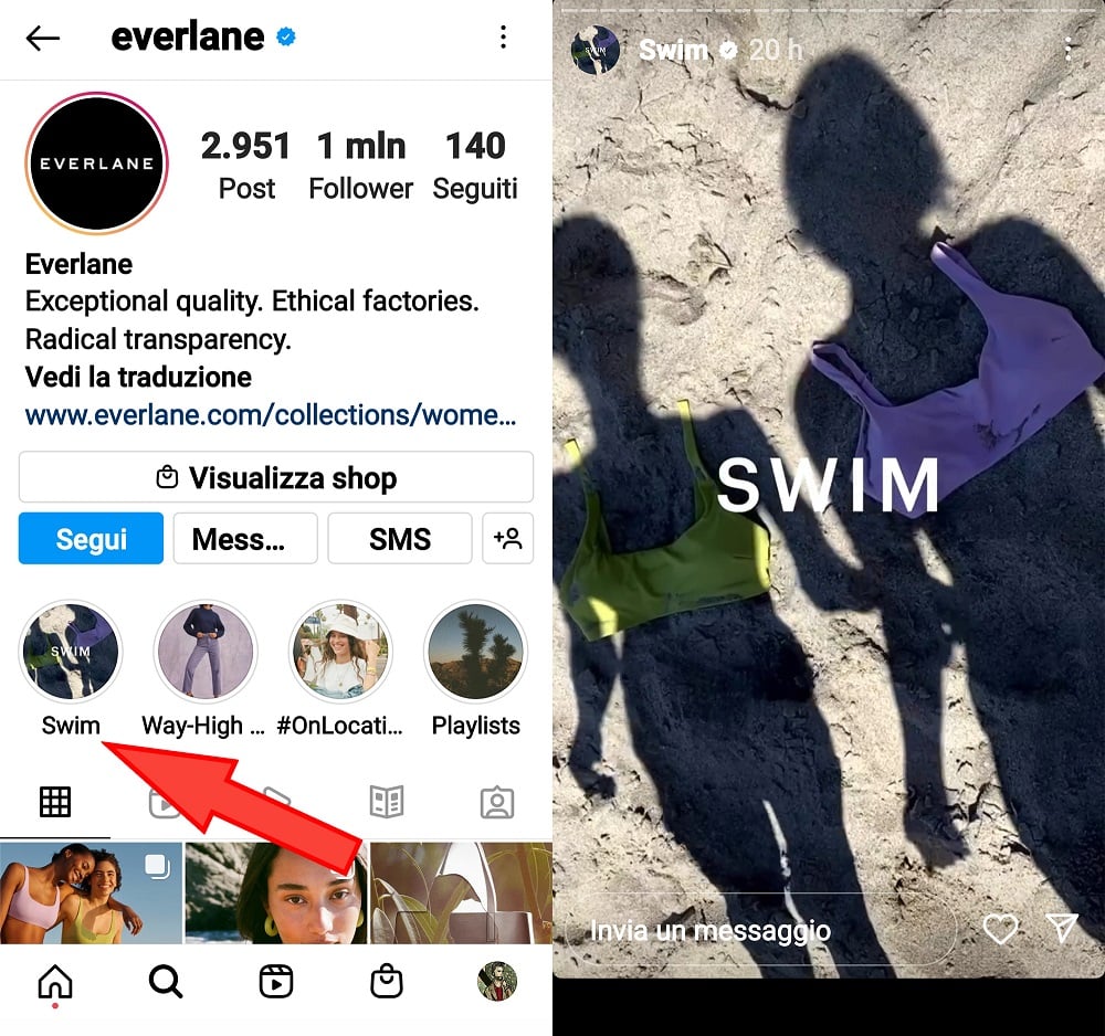 Ejemplo de historias destacadas de Everlane, una marca de ropa digital. Cuando se abre una, puedes ver todas las historias que hay dentro y que no se eliminarán pasadas las 24 horas. 