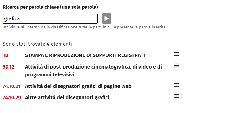 Il codice ATECO da una ricerca per attività grafica